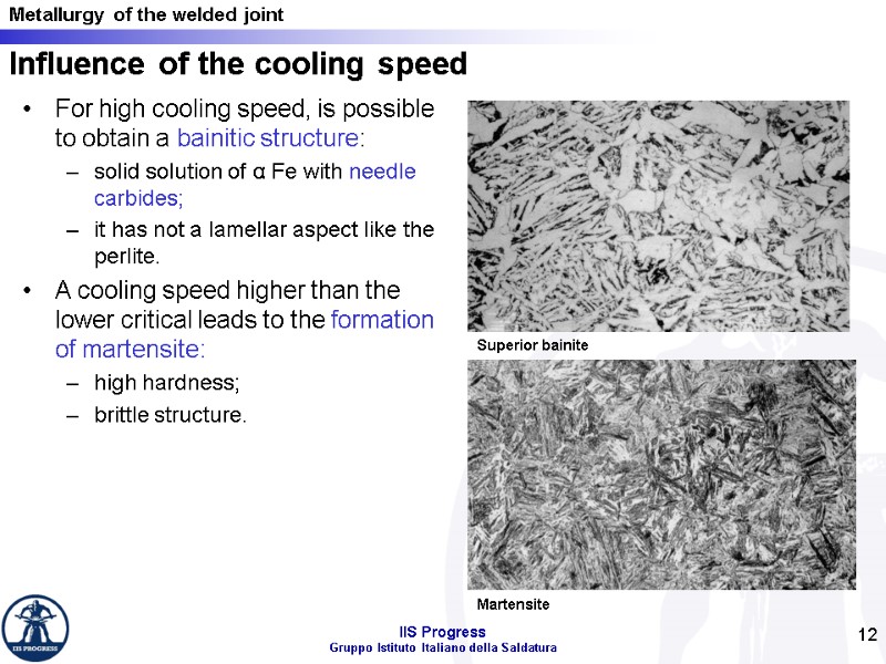 12 For high cooling speed, is possible to obtain a bainitic structure: solid solution
